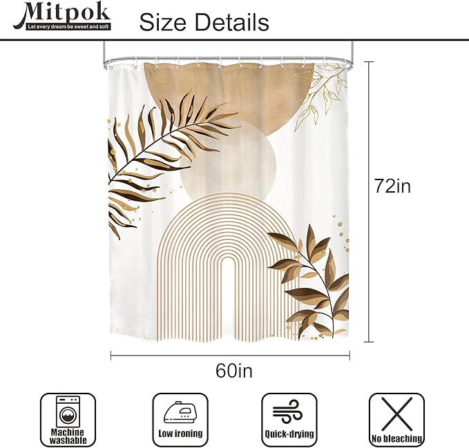 Beige Boho Shower Curtain 60Wx72H Bohemian Abstract Modern Mid Century Leaves - Image 5