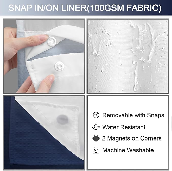 No Hook Shower Curtain and Liner Set, Ombre Blue Hotel Waffle Shower Curtain - Image 3