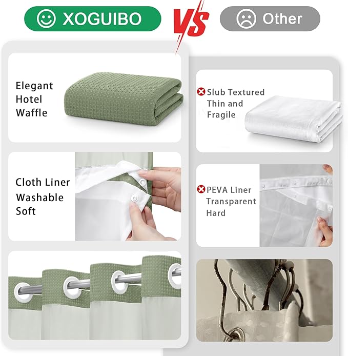 No Hook Shower Curtain and Liner Set, Sage Green Hotel Waffle Shower Curtain - Image 5