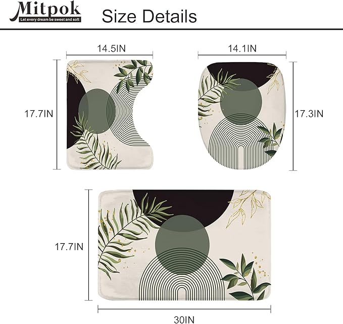 4 PCS Dark Green Boho 72Wx72H Shower Curtain Set Modern Mid Century Leaves - Image 5