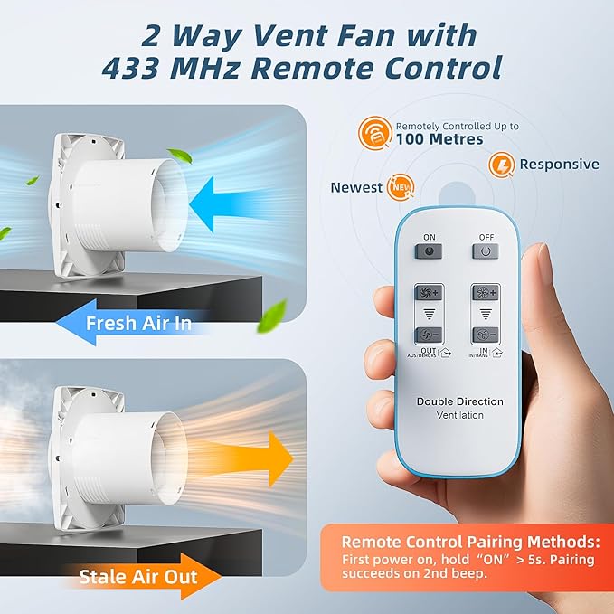 Bathroom Exhaust Fan with Remote, 2 Way 6 Speed Upgraded Powerful Low Noise - Image 8