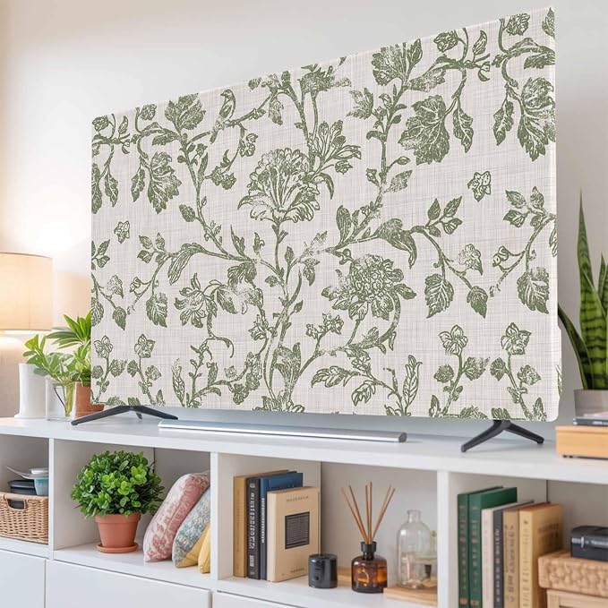 Pastoral Green Flower Leaves Indoor TV Cover, Elastic TV Screen Protector by Unknown