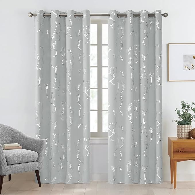 BUHUA Blackout Curtains 96 Inches Long, Vine Foil Print Pattern Room Darkening - Image 2