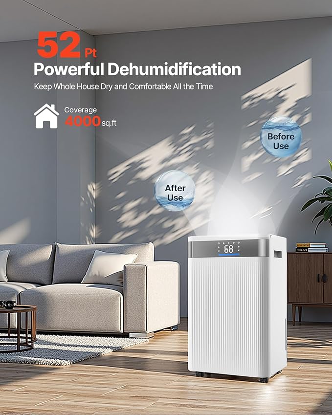 VEVOR 52 Pints Dehumidifier for Home & Basement, 4000 Sq.Ft Large Coverage - Image 2