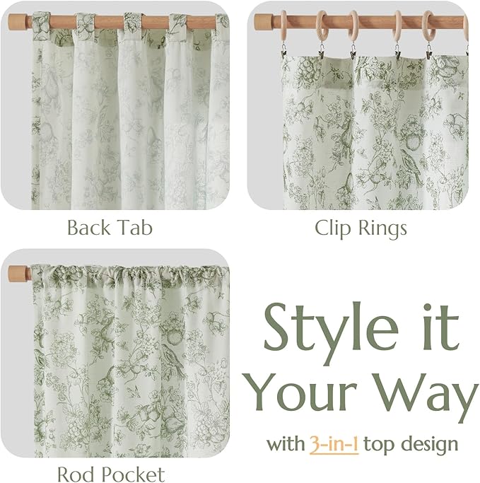 jinchan Linen Floral Curtains for Living Room 63 Inch Long Sage Green Printed - Image 4