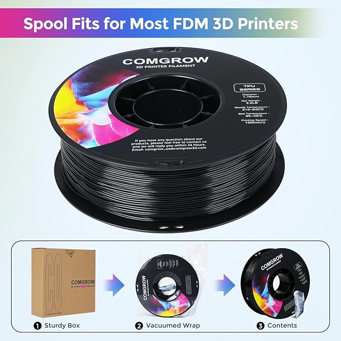 Comgrow TPU Filament, 95A Soft TPU Flexible 3D Printer Filament Black 2 * 1kg - Image 6