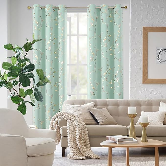 BUHUA Blackout Curtains Gold Foil Print Flower Vine Grommet Drapes, Room - Image 7