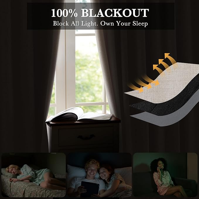 RYB HOME Natural Beige 100% Blackout Curtains 63 inch Long, Light Blacking & - Image 3