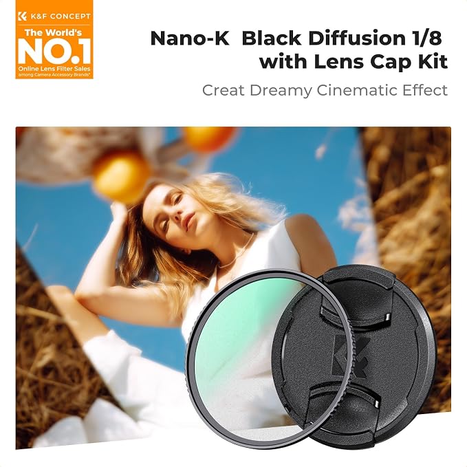 K&F CONCEPT 62mm Black Diffusion 1/8 Filter + Lens Cap, Mist Cinematic Effect - Image 2