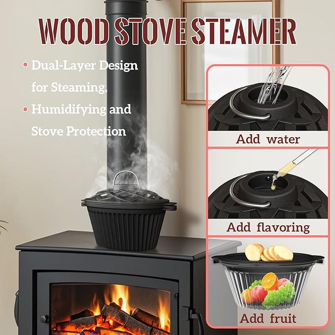 Cast Iron Wood Stove Cooking Bundle, 1.4Qt Steamer/Humidifier + Garlic Roaster - Image 3