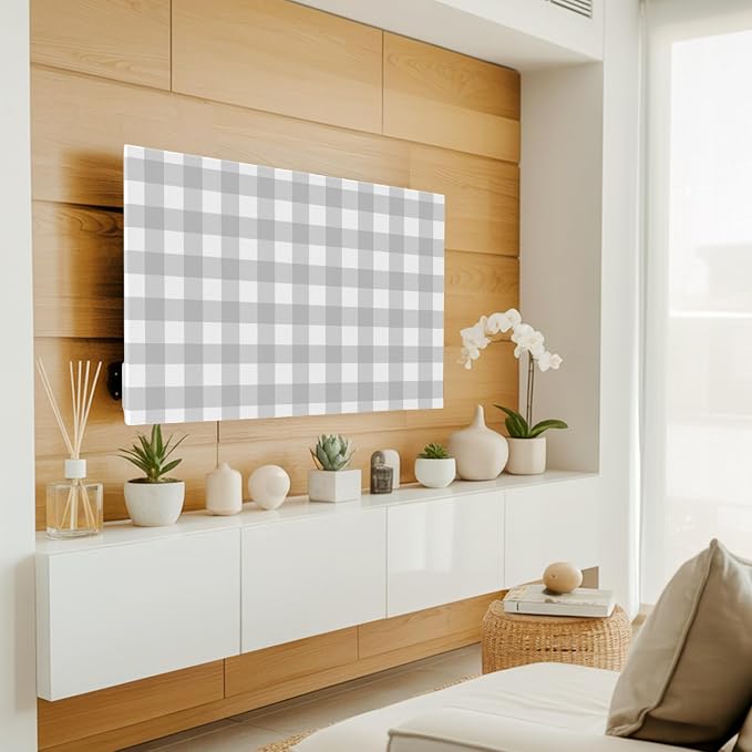 Farm Minimalist Gray Checker Indoor TV Cover, Elastic TV Screen Protector - Image 2