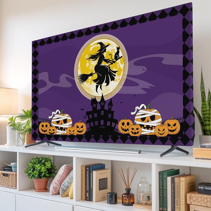 Halloween Full Moon Witch Riding Broom Indoor TV Cover, Elastic TV Screen by Unknown