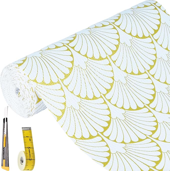 Shelf Liners Non Adhesive Gold Background White Fan-Shaped Pattern by Kimhan
