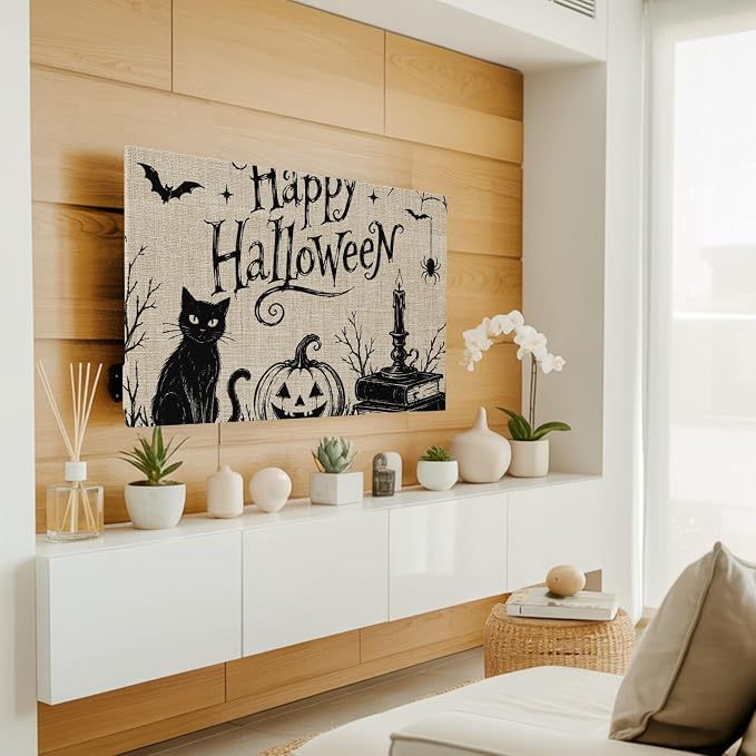 Happy Halloween Black Cat Smile Pumpkins Indoor TV Cover, Elastic TV Screen - Image 3