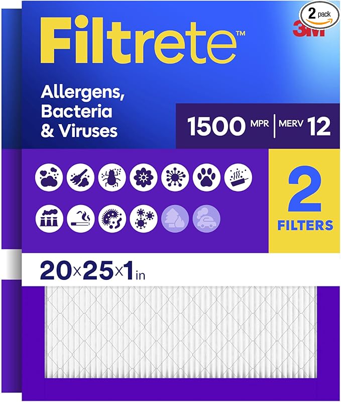 Filtrete 20x25x1 Air Filter, MERV 12, MPR 1500, Bacteria & Viruses, 3-Month AC by Unknown