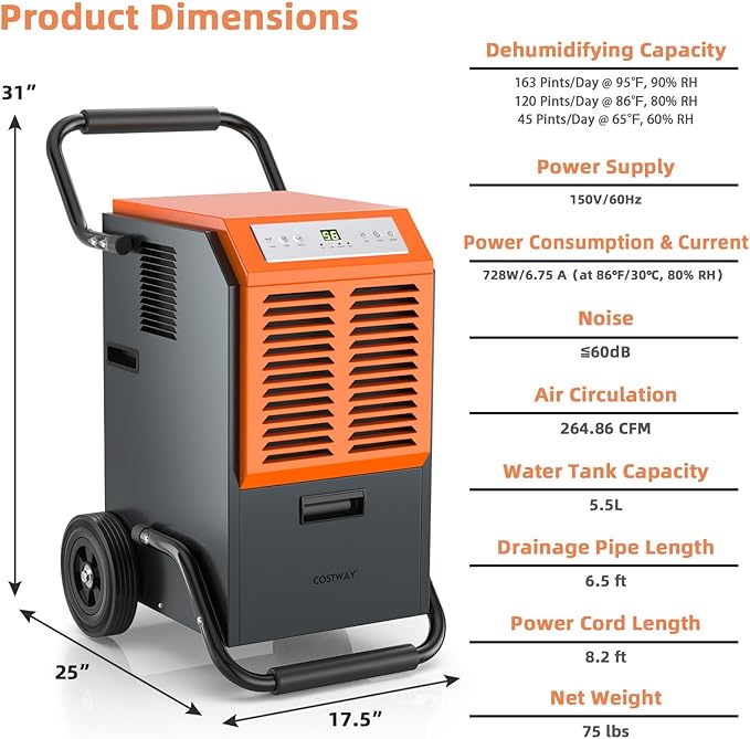 ARLIME 140 Pints Dehumidifier w/Handles & Wheels & Intelligent Humidity Control - Image 7