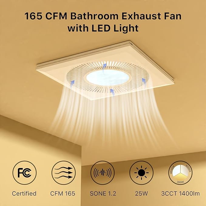 Bathroom Exhaust Fan with Light: 165CFM Shower Bathroom Vent Fan with 11.8IN - Image 2
