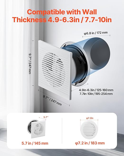 VEVOR Through-the-Wall Ventilation Fan， White Grille, 110 CFM, 6.8" Diameter - Image 2