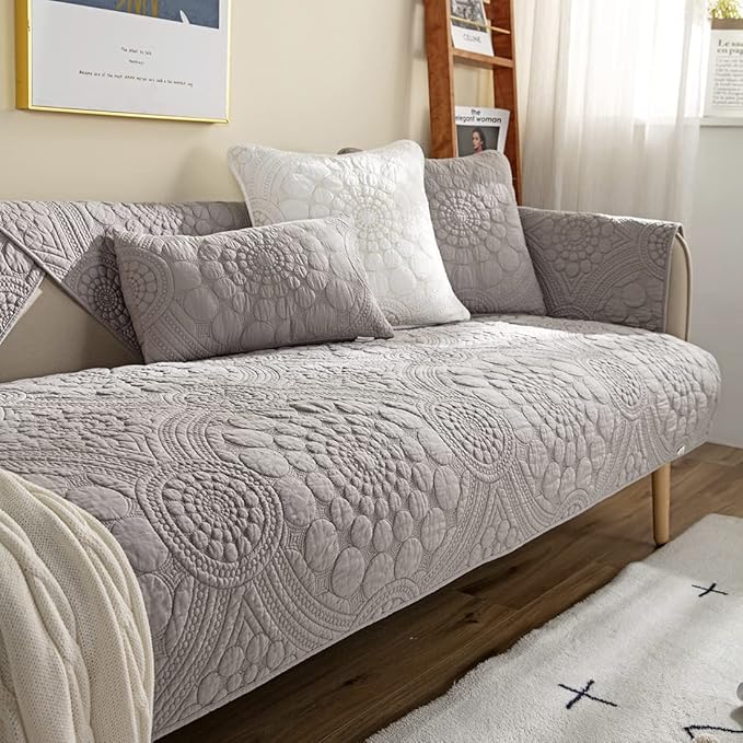 vctops Boho Circle Embroidery Couch Sofa Cover Solid Color Cotton Quilted by vctops