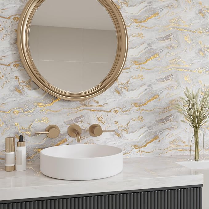 CRE8TIVE Large Size 24"x354" Matte Beige Gold Marble Wallpaper Peel and Stick - Image 4
