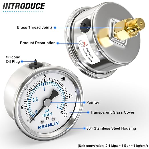MEANLIN MEASURE 0~30Psi Dry Low Pressure Gauge Stainless Steel 1/8" NPT 2" FACE - Image 4