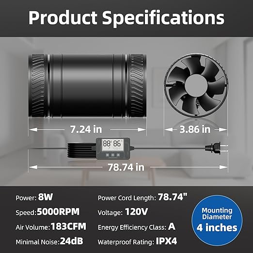 4 Inch Inline Duct Fan with Humidity Sensor and Remote, Upgraded 6-speed - Image 7