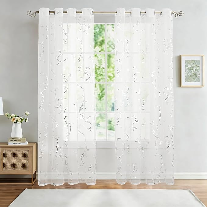 BUHUA White Sheer Curtains 63 Inch Length Semi - Image 2
