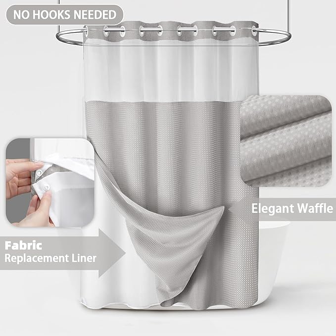 No Hook Shower Curtain and Liner Set, Light Grey Hotel Waffle Shower Curtain - Image 3