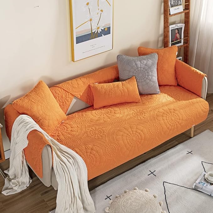 vctops Boho Circle Embroidery Couch Sofa Cover Solid Color Cotton Quilted - Image 3