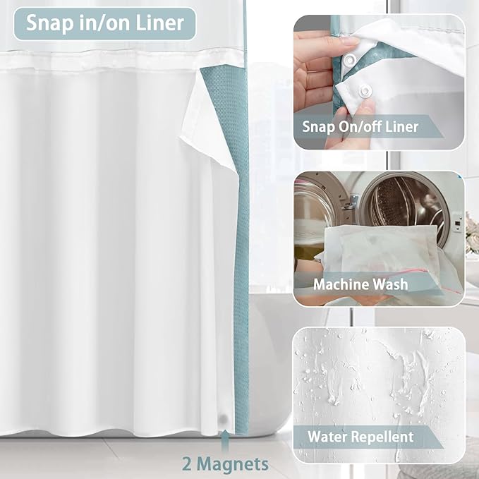 No Hook Shower Curtain and Liner Set, Cyan Hotel Waffle Shower Curtain - Image 4