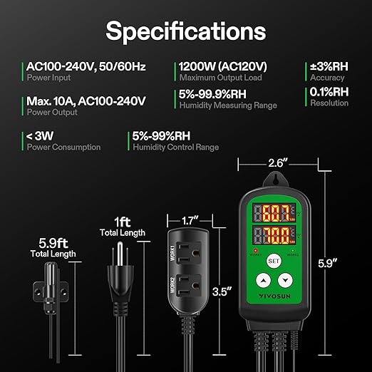 VIVOSUN Humidity Controller, 1200W Dual-Stage Outlet, Pre-Wired Digital - Image 7