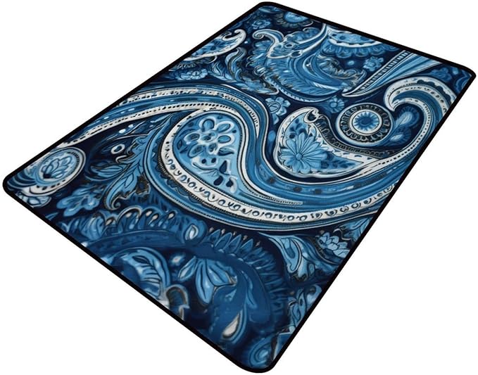 Blue Paisley Design Printing Washable Runner Rug by Snarena