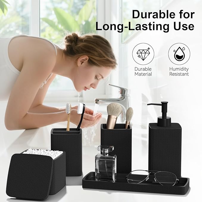 Matte Black Bathroom Accessories Set 5 Pieces, Resin Toothbrush Holders Set - Image 3