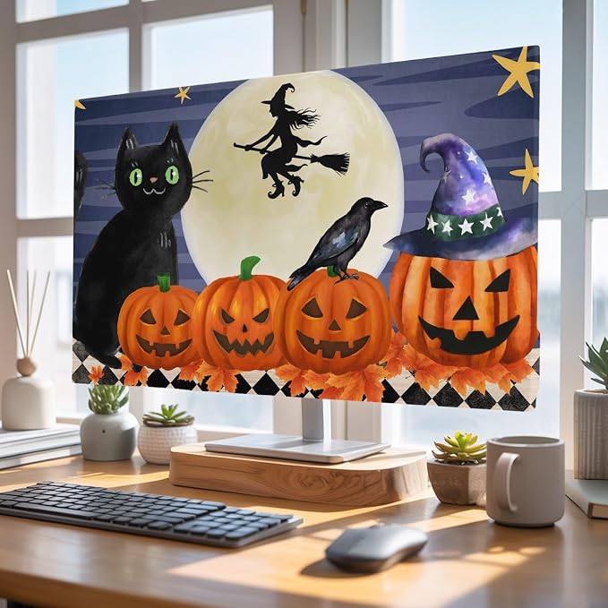 Pumpkin Black Cat Halloween Witch Indoor TV Cover, Elastic TV Screen Protector - Image 4