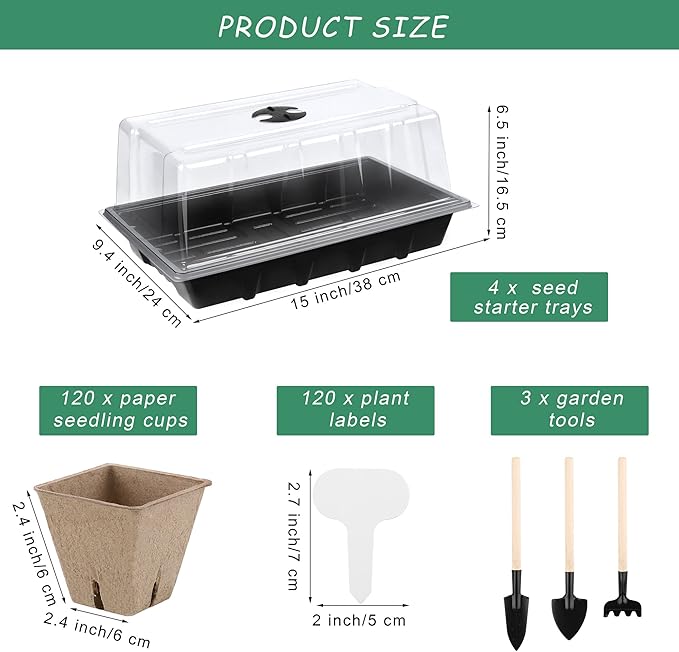 4 Pack Seed Starter Tray Kit, 120 Square Seed Peat Pots - Image 2