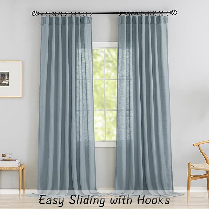 DONREN Stone Blue Linen Back Tab Curtains 84 Inches Long 2 Panels Set - Image 2