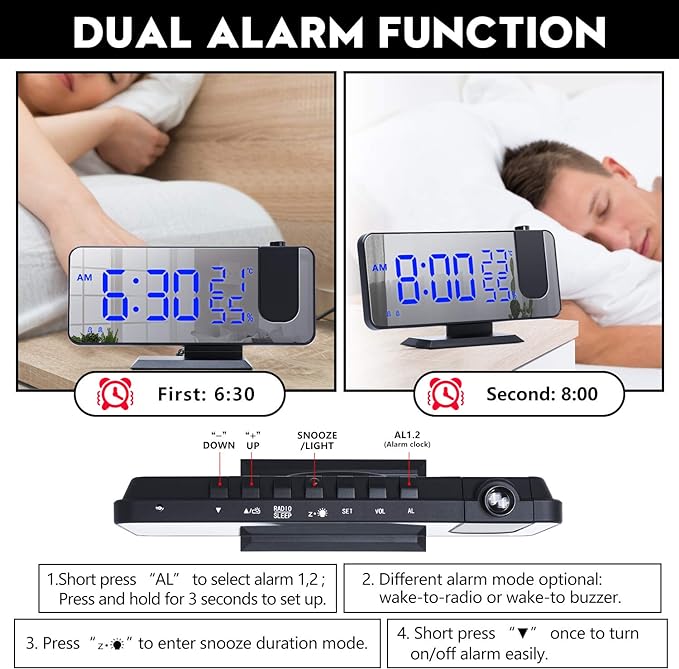 Projection Digital Alarm Clock for Bedrooms, Alarm Clock Radio on Ceiling - Image 3