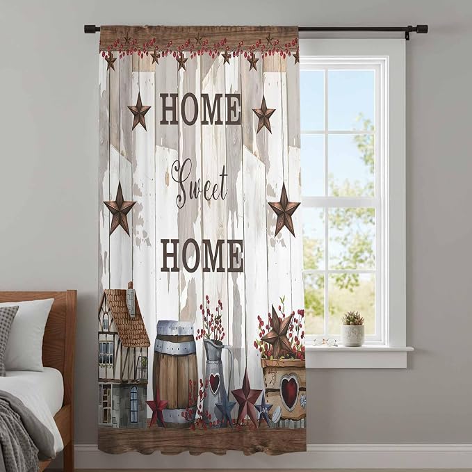 Farmhouse Sheer Curtains 108 Inch Length Retro Country Star Berry Vintage Wood - Image 4