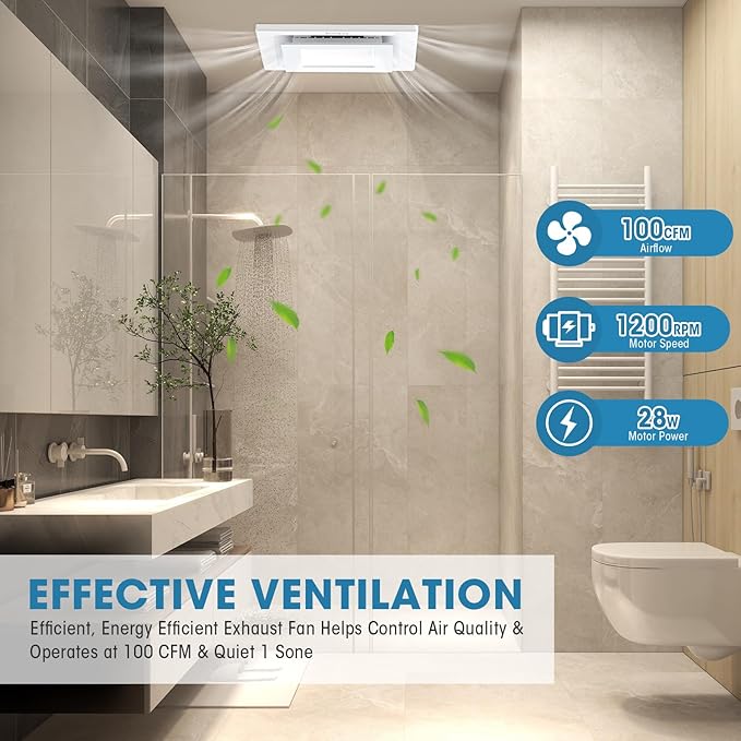 Bathroom Exhaust Fan with Light, Ultra-Quiet 100 CFM Ventilation & 3CCT LED - Image 2