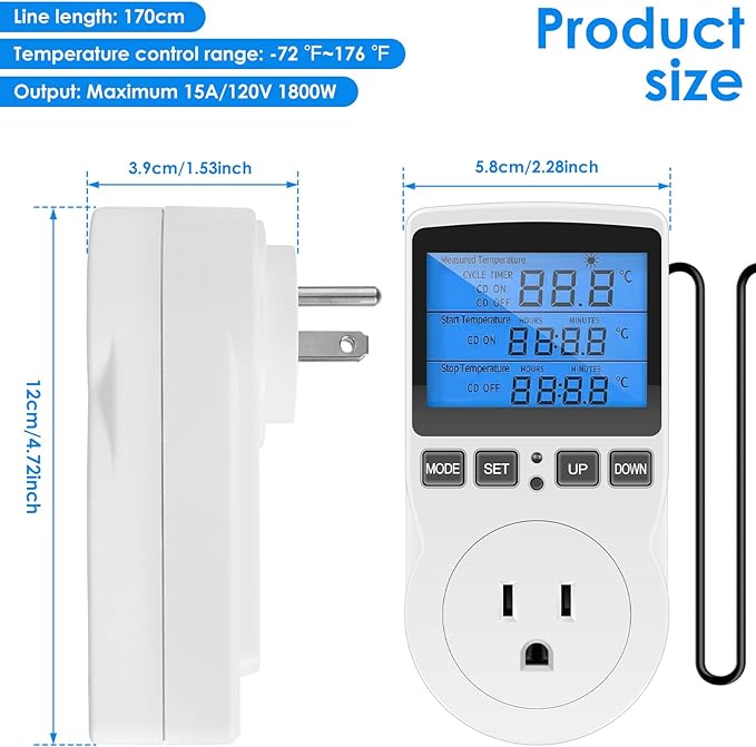 Digital Temperature Controller, 1800W 15A/120V Safe Thermostat Timer Outlet - Image 2