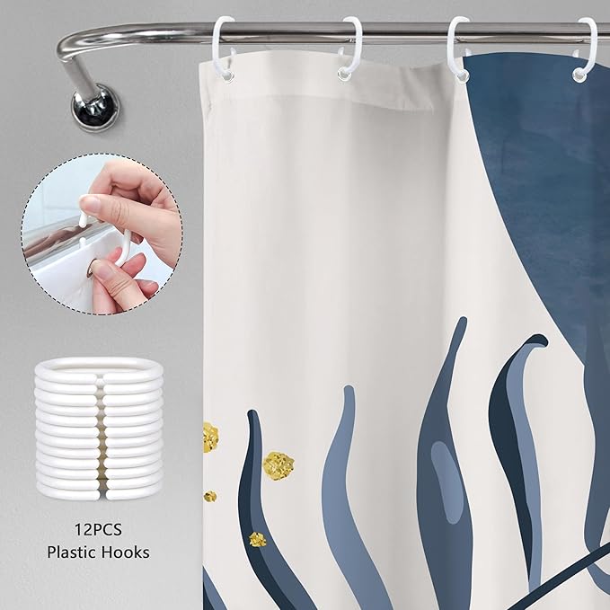 Navy Blue Boho Shower Curtain 72Wx78H Grey Modern Bohemian Abstract Leaves - Image 5