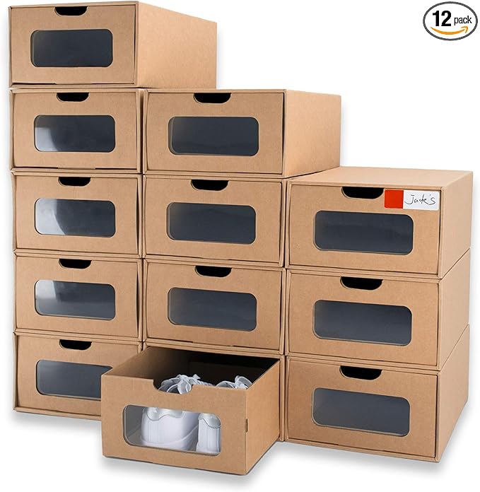 Shoe Box 12 Pack, 13.2 x 8.3 x 5.1in Waterproof Storage Boxes, Stationery by WALLQMER