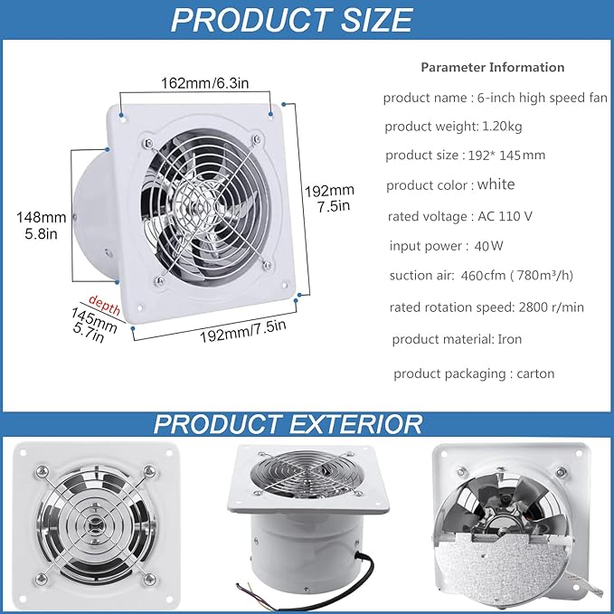 6'' Wall Mounted Exhaust Fan, 460CFM Metal Iron Ventilation Extractor, Silence - Image 3