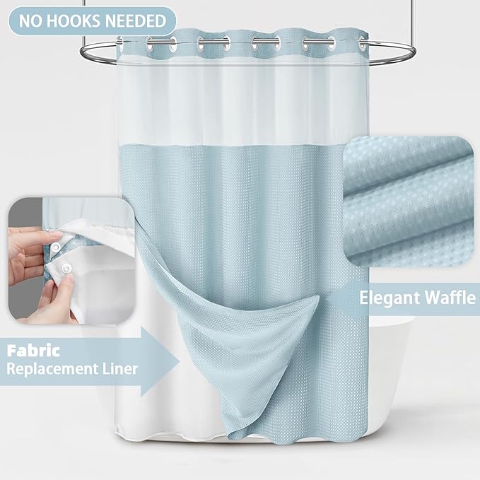 No Hook Shower Curtain and Liner Set, Teal Hotel Waffle Shower Curtain - Image 3