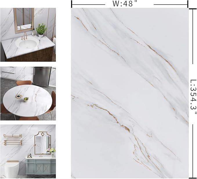 48"x354.3" Extra Wide White and Gold Wallpaper Peel and Stick Marble Contact - Image 7
