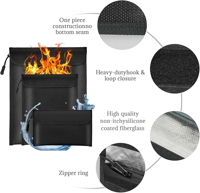 Fireproof Waterproof Document Bag 3-Pack Black 2000℉ Money Bag - Image 3