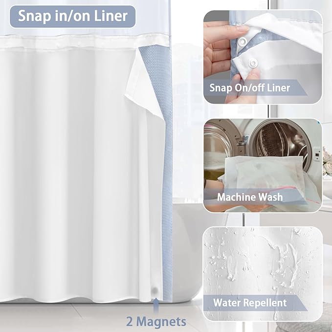 No Hook Shower Curtain and Liner Set, Mist Blue Hotel Waffle Shower Curtain - Image 4