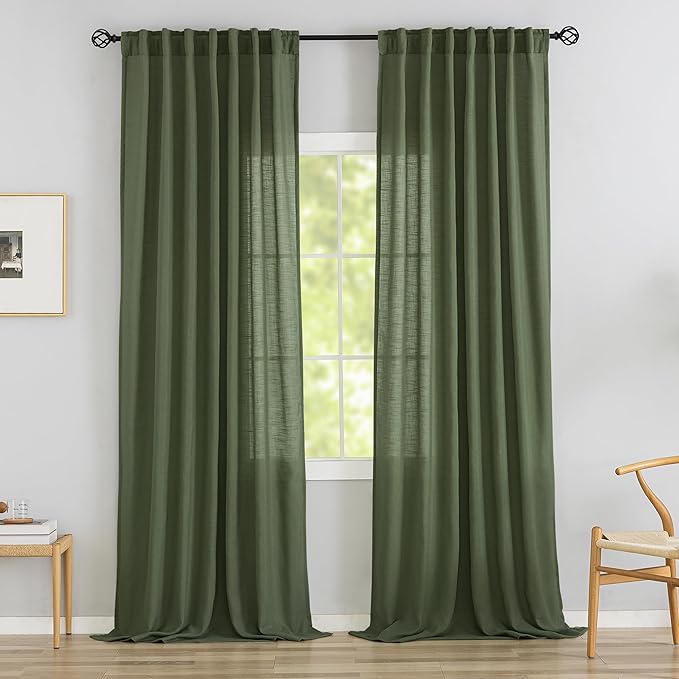 DONREN Olive Linen Back Tab Curtains 144 Inches Extra Long Ceiling to Floor by DONREN