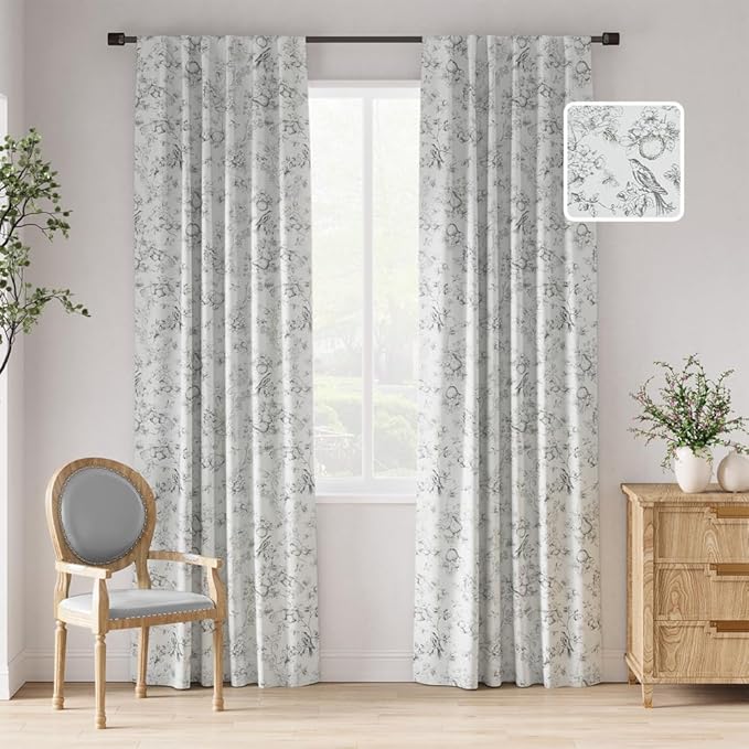 jinchan 95% Blackout Floral Curtains 90 Inch Length, Printed Flower Grey by JINCHAN