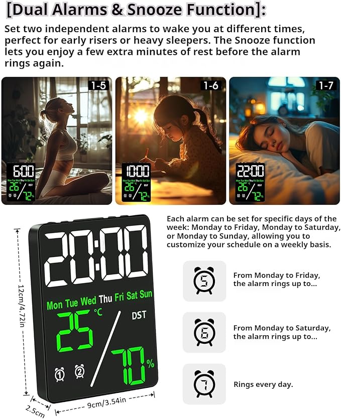 Digital LED Alarm Clock with Thermo-Hygrometer, Dual Alarms, Date & Year Display - Image 2